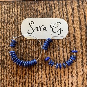 Silver hoop , blue bead hoop earrings